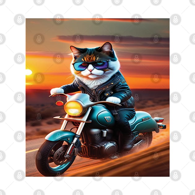 Cat with glasses riding a motorbike sunset by SylwiaArt