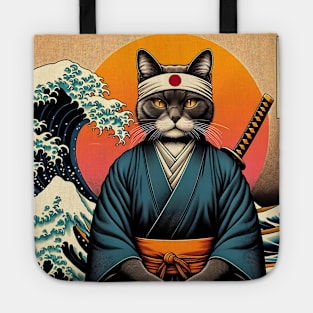 Vaporwave Samurai Cat Great Wave Off Kanagawa Tote