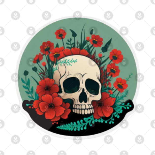 Skull head & red flowers Illustration by JEWEBIE