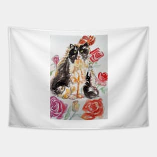 Tuxedo Cat Watercolor Painting and Roses Tapestry