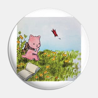 kitten reading in a meadow watercolor illustration Pin