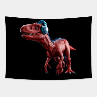 red and blue tyrannosaurus rex t-rext earing music with phones Tapestry