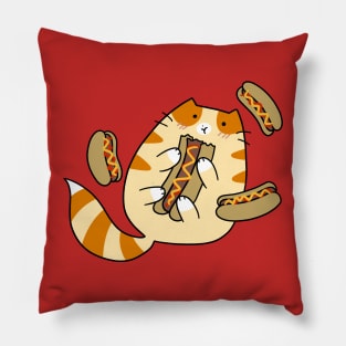 Tabby Cat Eating Hotdogs Pillow