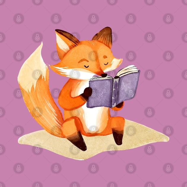 Cute Watercolor Fox Reading a Book by FarmOfCuties