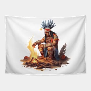 Native American at Bonfire Tapestry