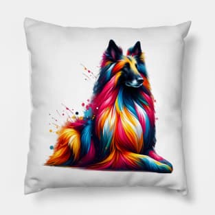 Vibrant Belgian Sheepdog Portrait in Colorful Splash Style Pillow