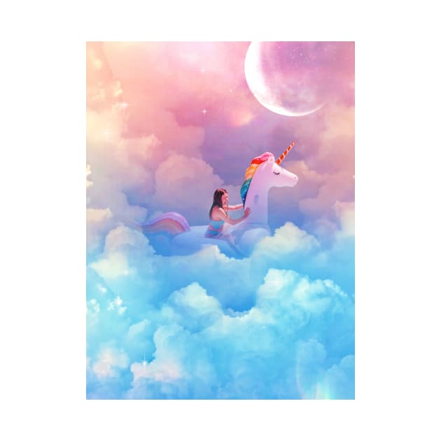 A girl on a unicorn in a pool of clouds by cupofmars