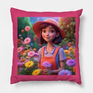 Smiling Woman Surrounded by Blooming Flowers in Nature Pillow