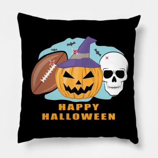 Happy Football Halloween - Spooky Skull and Pumpkin Pillow