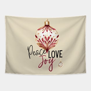 Peace Love and Joy with Maroon and Ivory Holiday Christmas Ornaments and Script Tapestry