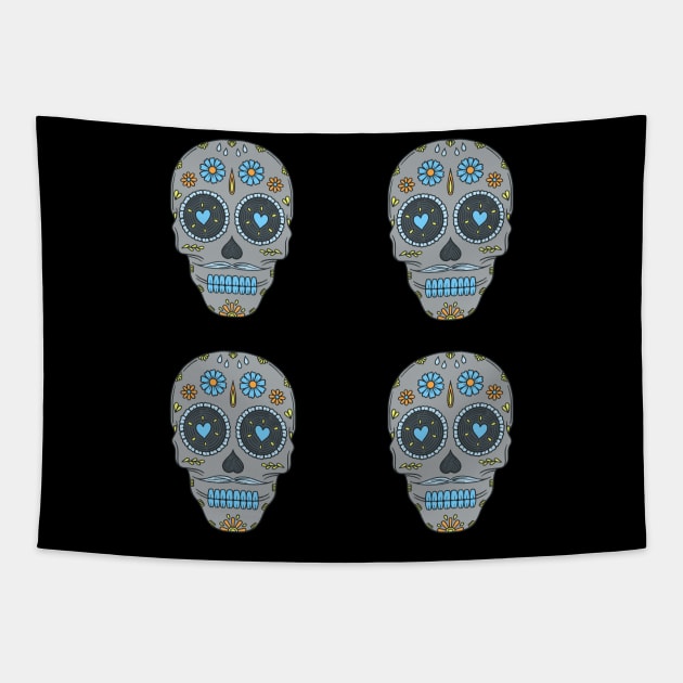 Grey Blue and Orange Day of the Dead Candy Skulls Pack Tapestry by Scriptnbones