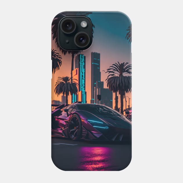 Dark Neon Sports Car in Beach Neon City Phone Case by star trek fanart and more