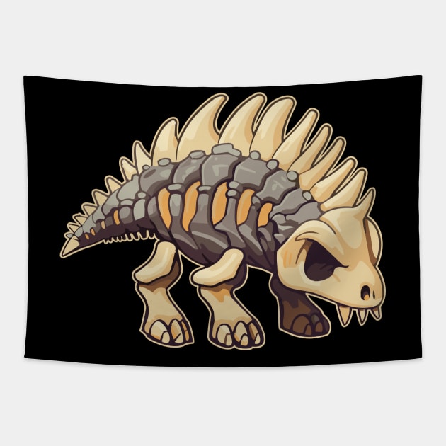 Scary Chibi Stegosaurus Isometric Dinosaur Skeleton Tapestry by DanielLiamGill