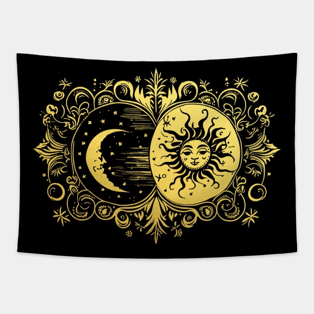 Mystical Sun and Moon in Gold Tapestry by Pixelchicken