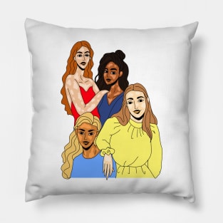 Four young female friends with vitiligo. different nationalities african american, korean, irish, russian. Pillow