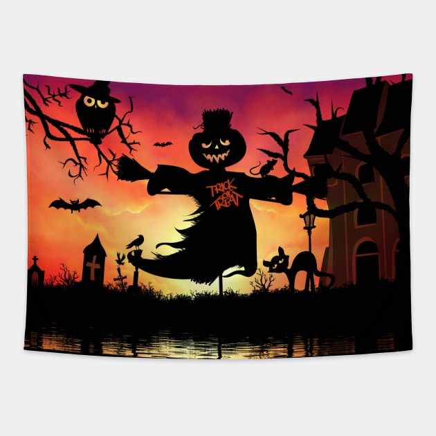 Funny halloween design with scarecrow, cat, and owl Tapestry by Nicky2342