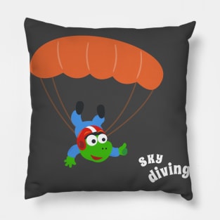 cartoon illustration of skydiving with litlle dinosaur Pillow