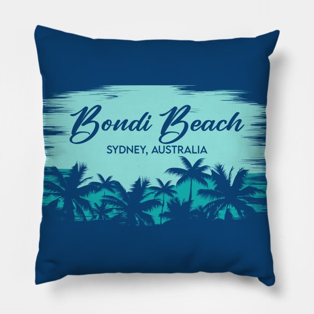 Bondi Beach Sydney Australia Retro Beach Landscape with Palm Trees Pillow by Now Boarding