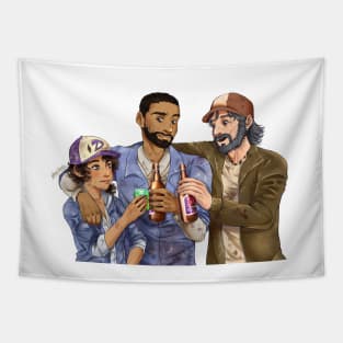 Lee, Kenny and Clementine toast Tapestry