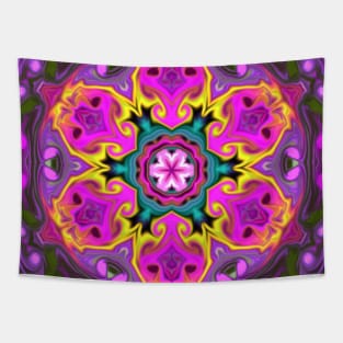 Psychedelic Mandala Flower Blue Pink and Yellow Tapestry