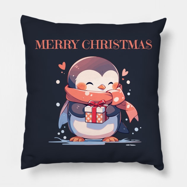 Lovely penguin with a present for Christmas Pillow by DemoArtMode