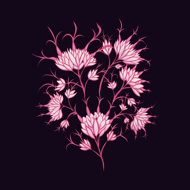 Pink Flowers On Dark Purple Decorative Floral by Boriana Giormova