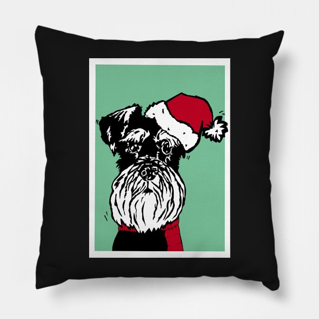 Miniature Schnauzer in Christmas Santa Hat and Red Woolly Scarf Linoprint Pillow by NattyDesigns