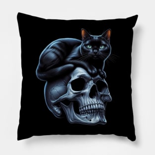 black cat sitting on top of skull Pillow