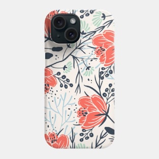 Orange, Coral, Navy Blue, Mint Green Floral on White Cream Phone Case