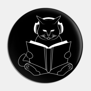 Cat reading book with headphones Pin