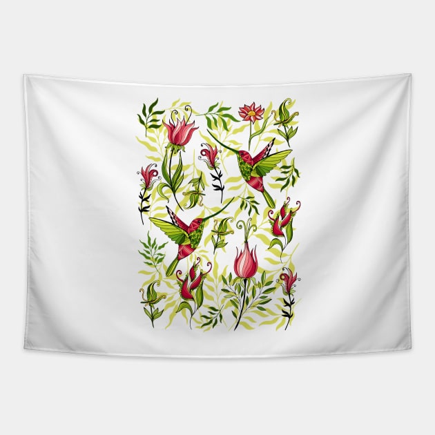 Hummingbird and flowers Tapestry by JuliaBadeeva