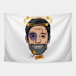 Man face half skull exhausted Tapestry