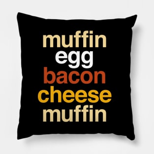 Deconstructed breakfast sandwich: muffin, egg, bacon, and cheese (list of ingredients in true-to-life colors) Pillow