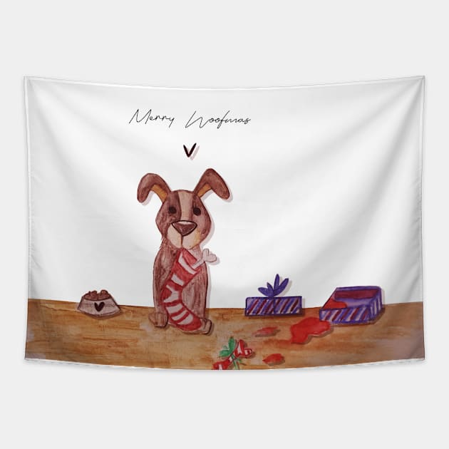 Merry Woofmas Illustration Tapestry by Le petit fennec