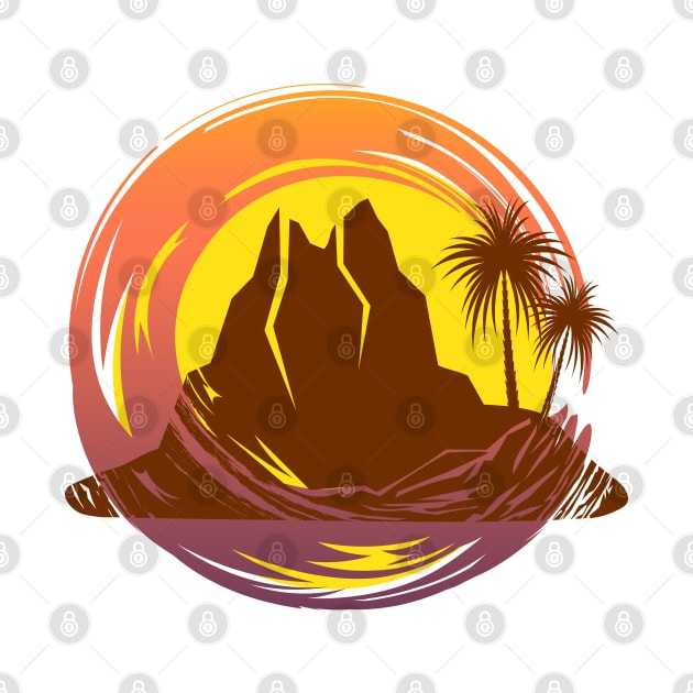 Badge with tropical volcano landscape and palm trees by Cute-Design