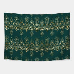 Teal and Gold Vintage Art Deco Damask Border Pattern Tapestry