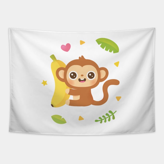 Cute Monkey and Banana Tropical Vibes Tapestry by rustydoodle