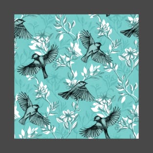 Flowers and Flight in Monochrome Teal T-Shirt