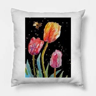 Tulip Flower Watercolor Painting and Bee on Black Pillow