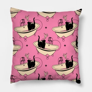 Spa Day Black Cat Pattern in pink Pillow