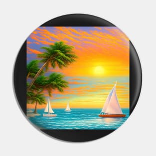 Beach Sunset Sailboats and Palm Trees Pin