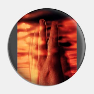 Digital collage and special processing. Hand near soft light. Soft and calm. To exist. Orange and warm. Pin