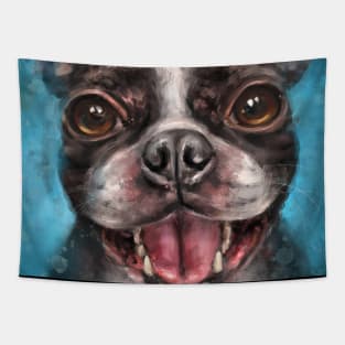 Contemporary Painting of a Young Boston Terrier Smiling on Blue Background Tapestry
