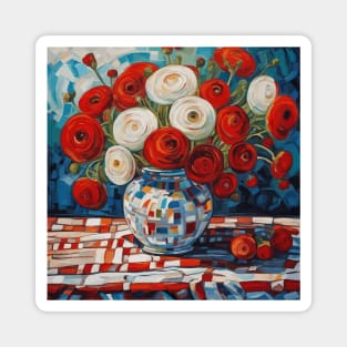 Red and White Ranunculus Flowers in a Geometrically Patterned Vase Modern Still Life Painting Magnet