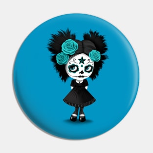 Shy Big Eyes Day of the Dead Girl with Blue Roses Pin