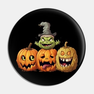 Three Halloween Pumpkins with Different Expressions and a Witch Pin