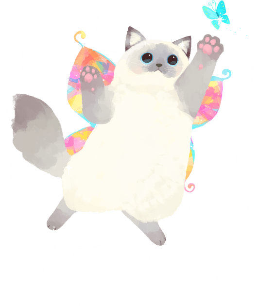 Fairy Cat Catching Butterfly (ragdoll cat with white text) Kids T-Shirt by You Miichi