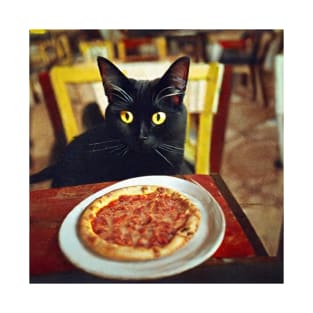 Black Cat Eating Pizza T-Shirt