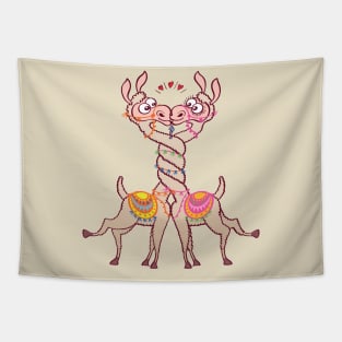 Llamas intertwining necks, falling in love and kissing passionately Tapestry