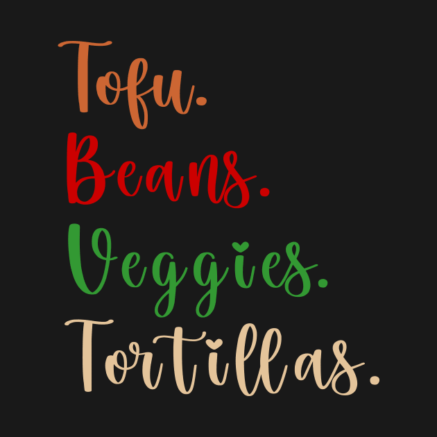 Tofu. Beans. Veggies. Tortillas. Vegan burrito ingredients by Rocky Ro Designs